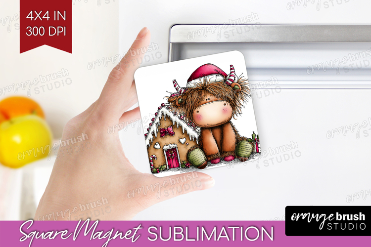 Highland Cow Magnet Sublimation - Whimsical Christmas Square