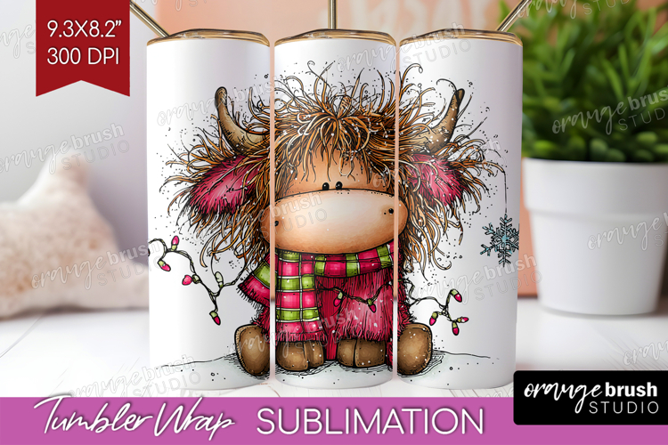Highland Cow Tumbler Wrap - Whimsical Christmas Tumbler PNG