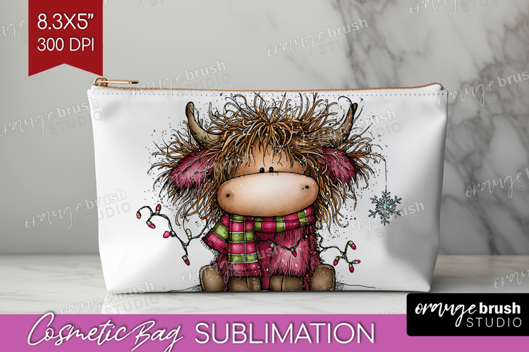 Highland Cow Cosmetic Bag - Whimsical Christmas Makeup Bag
