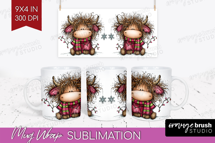 Highland Cow Mug Wrap - Whimsical Christmas Mug PNG