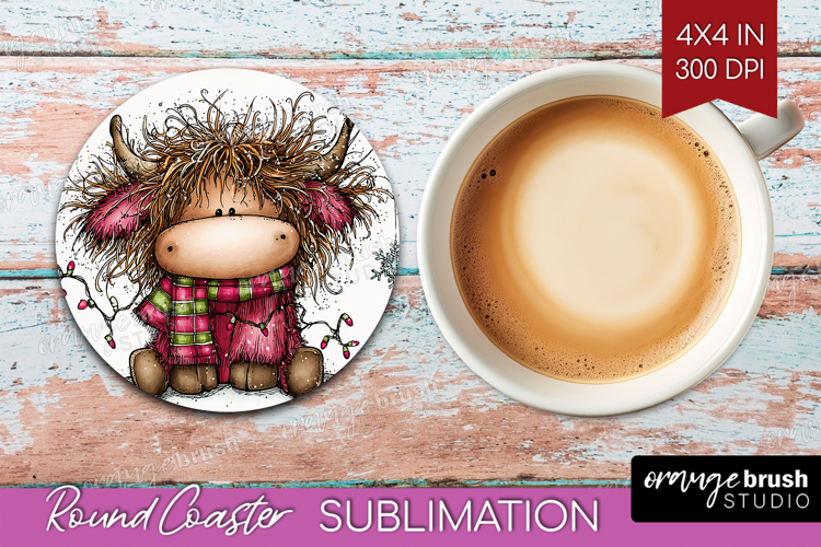 Highland Cow Round Coaster - Whimsical Christmas Coaster PNG