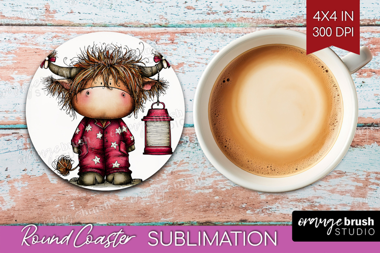 Highland Cow Round Coaster - Whimsical Christmas Coaster PNG