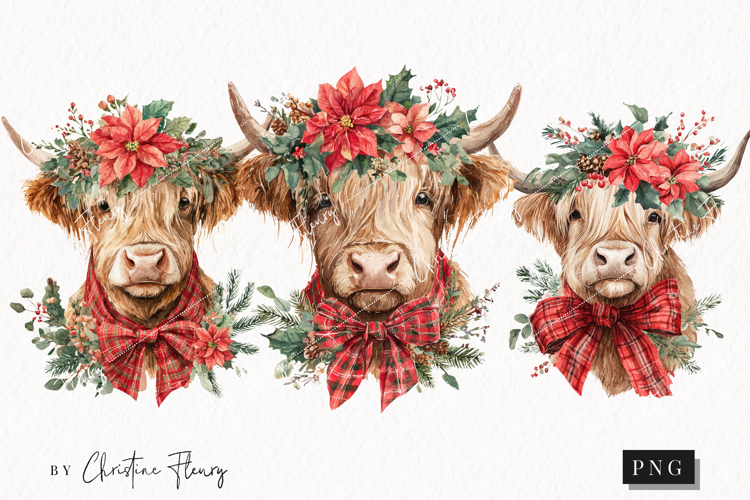 Christmas Highland Cow Clipart | Christmas PNG