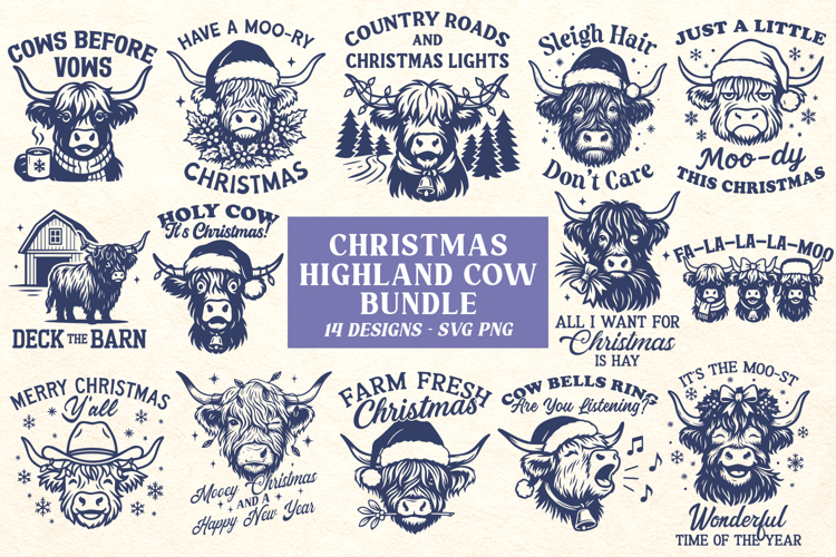 Christmas Highland Cow SVG PNG Bundle, Funny Farm Animals