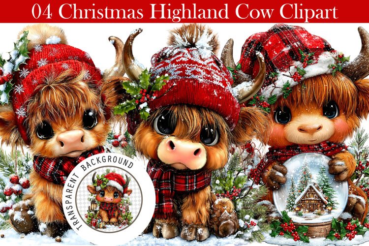 Whimsical Christmas Highland Cow Clipart example image 1