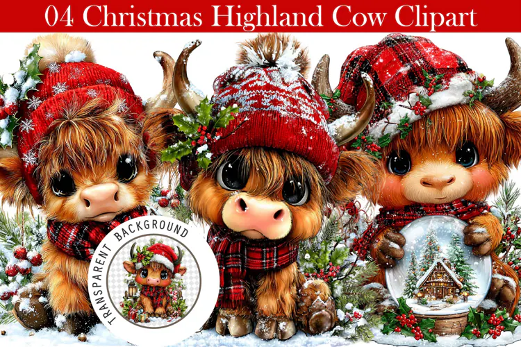 Whimsical Christmas Highland Cow Clipart