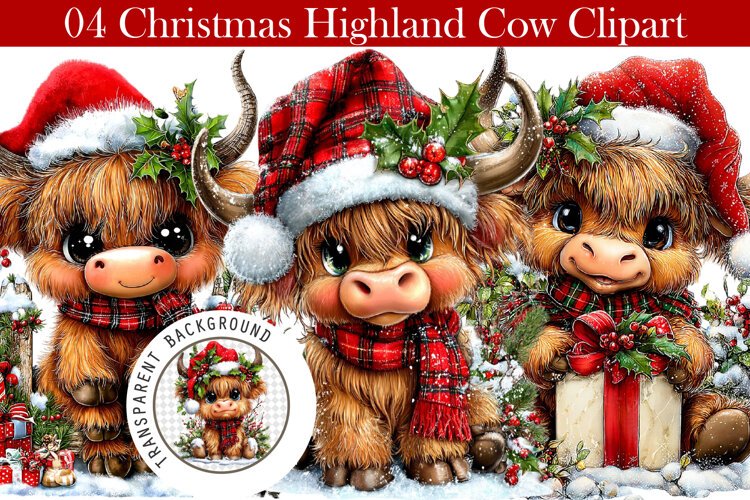 Whimsical Christmas Highland Cow Clipart example image 1