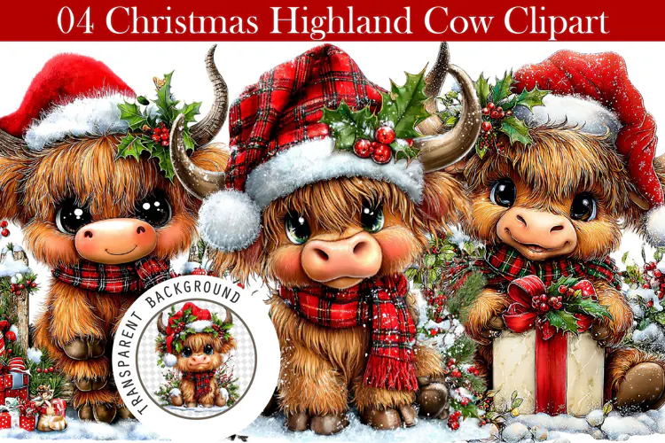 Whimsical Christmas Highland Cow Clipart