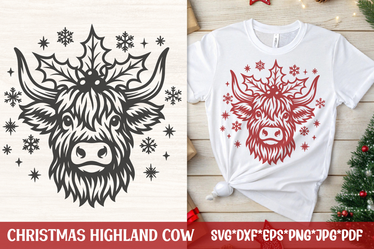 Christmas Highland Cow SVG Holly Rustic Farmhouse Laser Cut