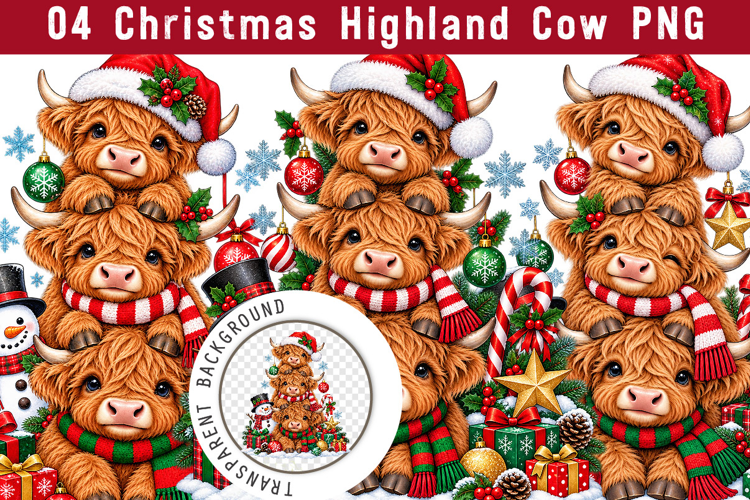 Christmas Highland Cow PNG, Christmas Clipart Png