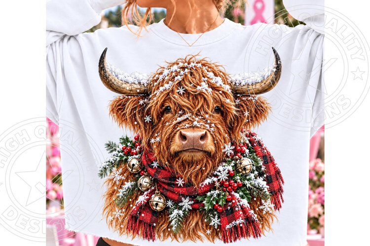 Christmas Highland Cow PNG | Snowy Plaid Scarf & Bells Winte example image 1