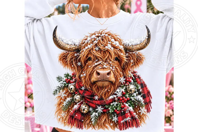 Christmas Highland Cow PNG | Snowy Plaid Scarf & Bells Winte