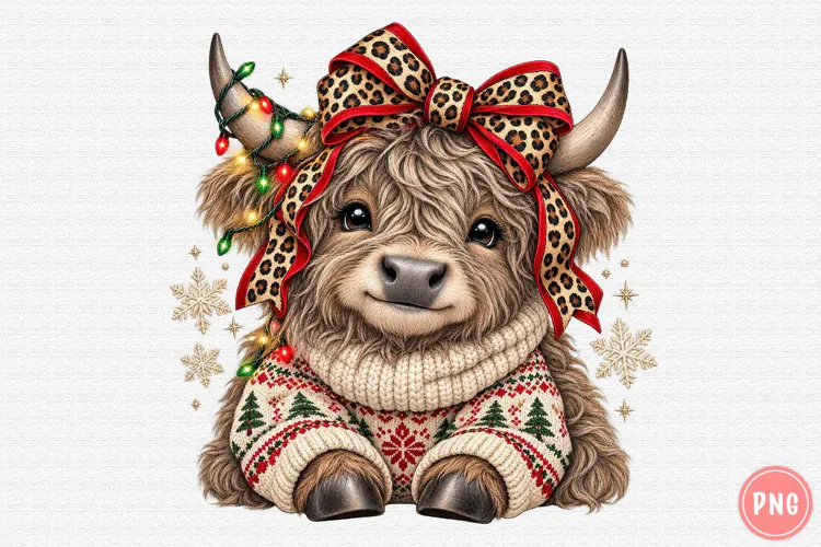 Christmas Highland Cow PNG | Leopard Bow & Cozy Sweater Png