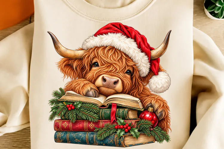 Christmas Highland Cow Book Lover PNG | Santa Hat & Vintage