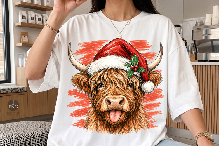 Christmas Highland Cow PNG,Cute Cow With Santa Hat Shirt