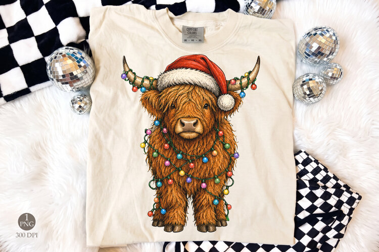 Christmas Highland Cow PNG, Festive Farm Animal Sublimation example image 1