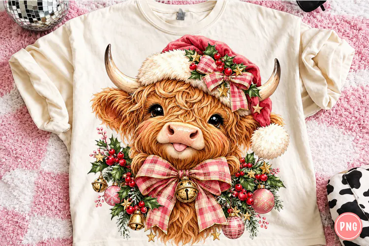Christmas Highland Cow PNG | Santa Hat & Pink Plaid Bow Png