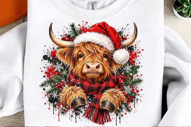 Christmas Highland Cow Santa Hat & Plaid Scarf Rustic Holida example image 1