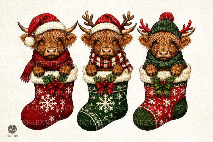 Christmas Highland Cow Stockings PNG, Winter Sublimation PNG