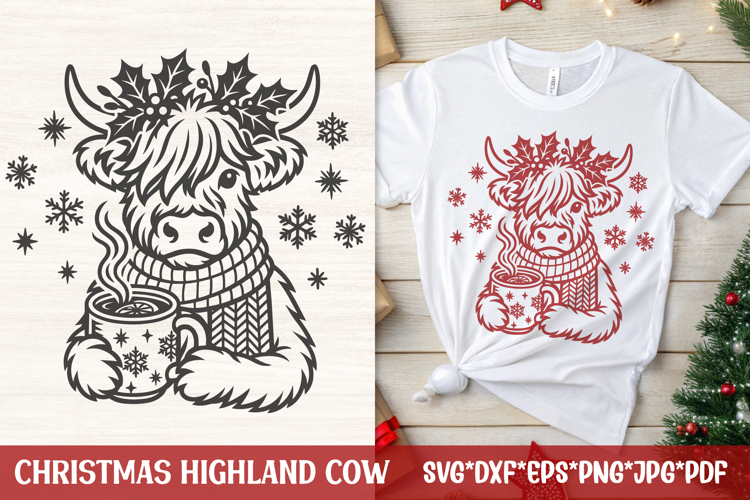 Christmas Highland Cow SVG | Cozy Winter Cow with Cocoa