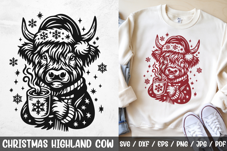 Christmas Highland Cow SVG | Cozy Cow with Hot Cocoa