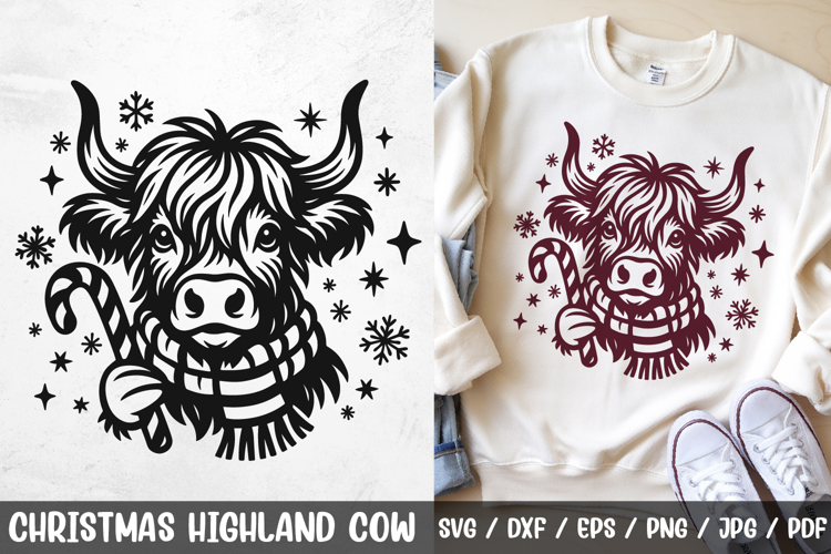 Christmas Highland Cow SVG | Farmhouse Cow with Candy Cane