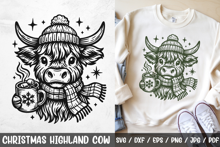 Christmas Highland Cow SVG | Cozy Winter Cow with Hot Cocoa