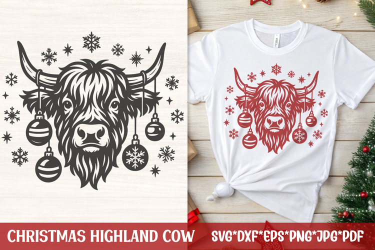 Christmas Highland Cow SVG | Cow Head with Baubles