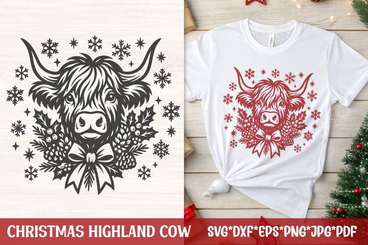 Christmas Highland Cow SVG | Festive Winter Cow Head