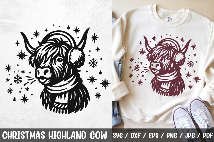 Christmas Highland Cow SVG | Cute Winter Cow with Scarf PNG