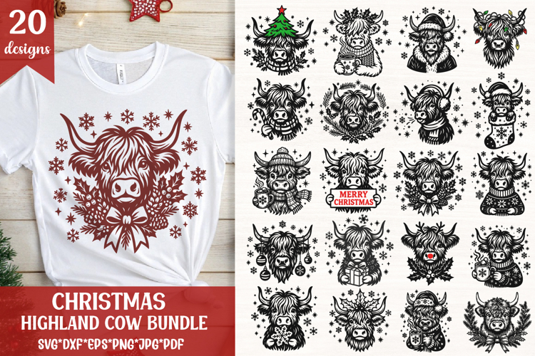Christmas Highland Cow SVG Bundle | Festive Farm Animals