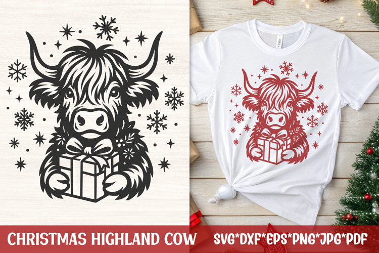 Christmas Highland Cow SVG | Cute Cow with Gift