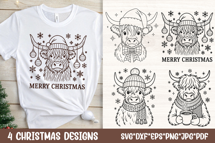Christmas Highland Cow SVG Files | 4 Cozy Farmhouse Designs