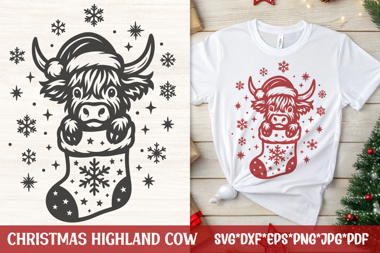 Christmas Highland Cow SVG in Stocking Cute Farm Laser Cut