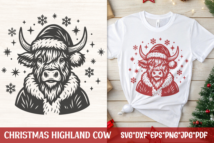 Christmas Highland Cow SVG Santa Hat Farmhouse Laser Cut