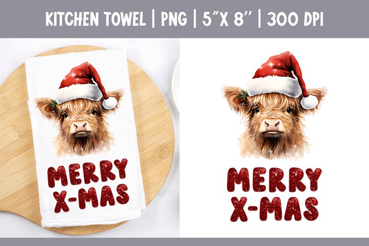 Christmas Highland Cow | Kitchen Towel Sublimation Design example image 1