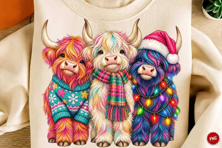 Christmas Highland Cow Trio Farmhouse Sublimation Png
