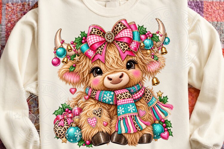 Christmas Highland Cow , Whimsical Holiday Sublimation example image 1