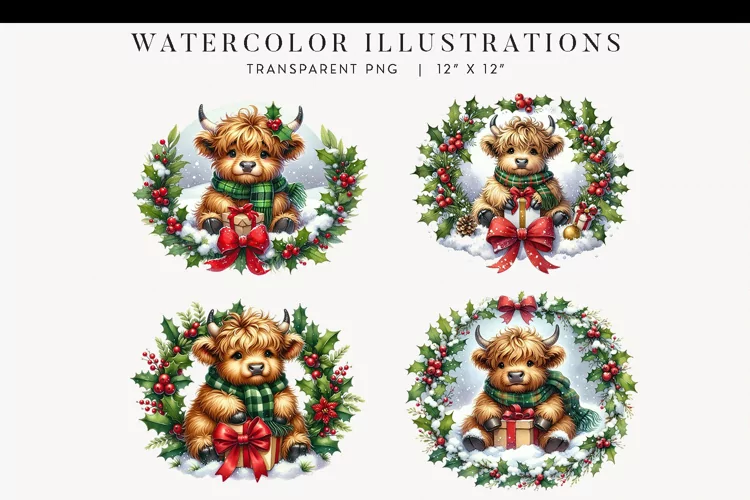 Christmas Highland Cows Watercolor Clipart