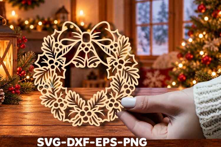 Christmas Holly & Bell Wreath Laser Cut example image 1