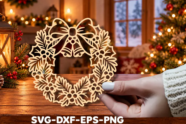 Christmas Holly & Bell Wreath Laser Cut