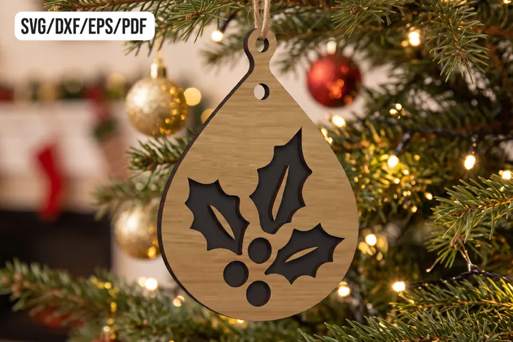 Christmas Holly Berry Wooden Ornament Laser Cut
