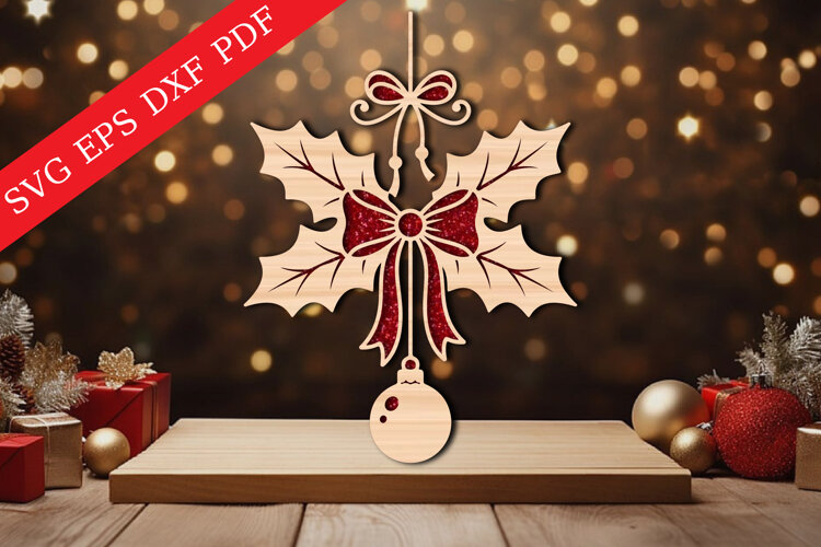 Christmas Holly Bow Ornament SVG example image 1