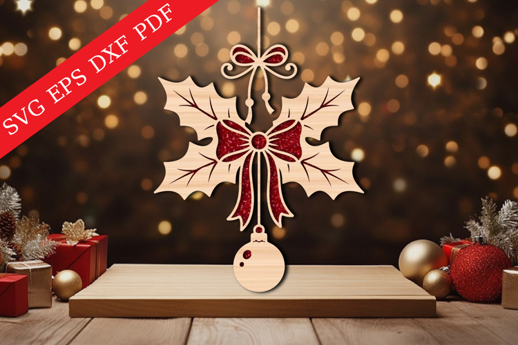 Christmas Holly Bow Ornament SVG