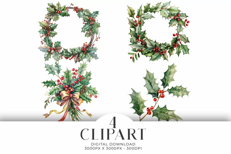 Christmas Holly Illustrations Watercolor PNG