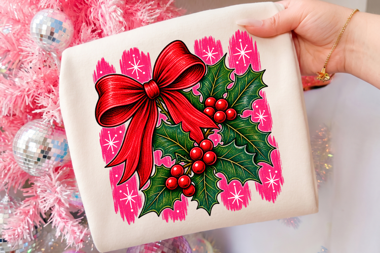 Christmas Holly Winter Apparel PNG, Vintage Xmas Bow Shirt