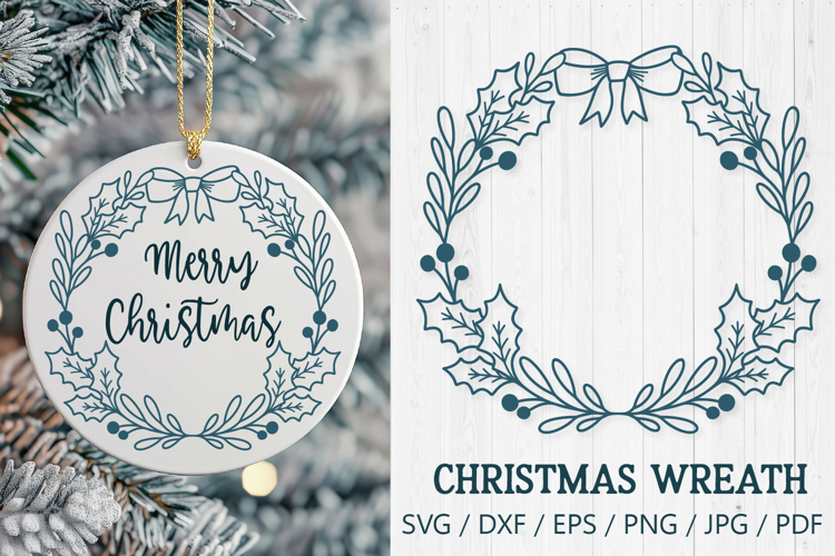 Christmas Holly Wreath with Bow SVG | Holiday Frame