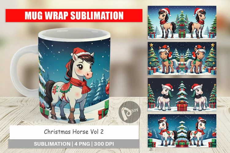 Mug Wrap Design Cartoon Christmas Horse