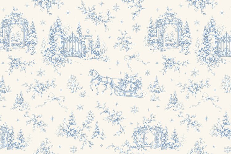 Vintage Blue Christmas Horse Sleigh Toile de Jouy Seamless P example image 1