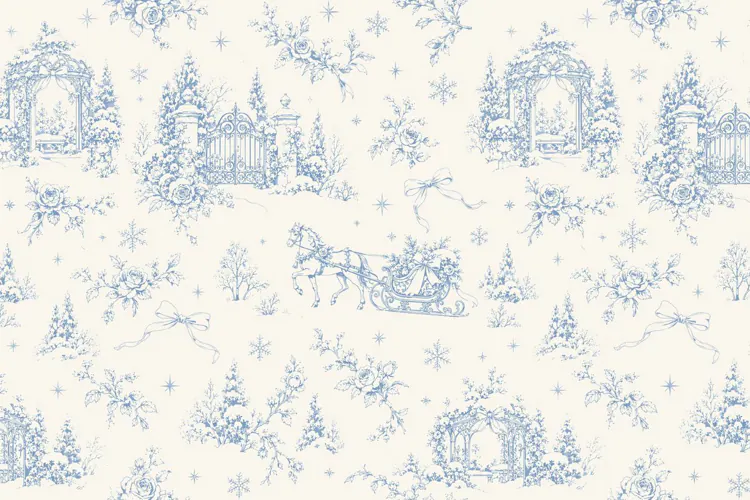 Vintage Blue Christmas Horse Sleigh Toile de Jouy Seamless P